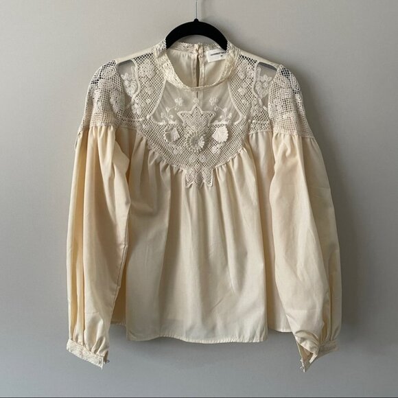 GOODNIGHT Macaroon Beige Peasant Long Sleeve Blouse Womens XS - Picture 2 of 5
